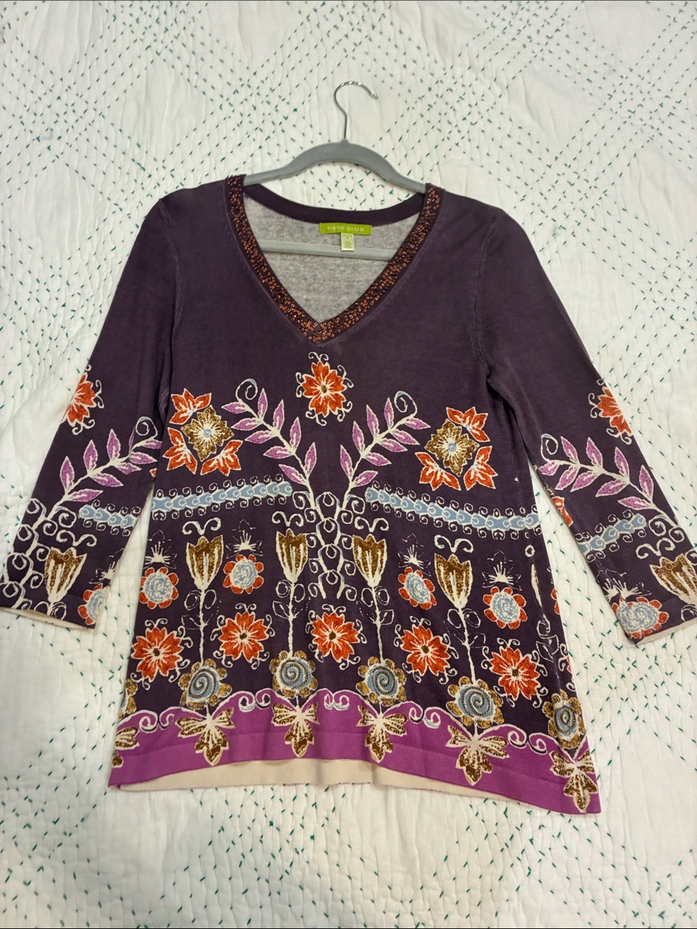 Sigrid Olsen 100% Silk Petite Sweater – Beaded Floral – Small – Like New